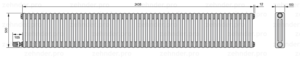 Схема (чертеж) Радиатор Zehnder Charleston 3050/53 №V003 Белый глянцевый RAL 9016